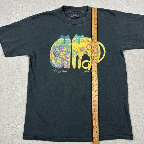 Vintage Laurel Burch Shirt Adult L Black Flower Felines Cat Art Made USA 90s Tee - Picture 10 of 12